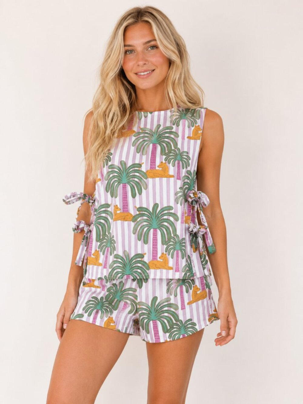 Cocolillys Reversible 100% Cotton Palm Print Tie Side Top & Shorts Set Size L